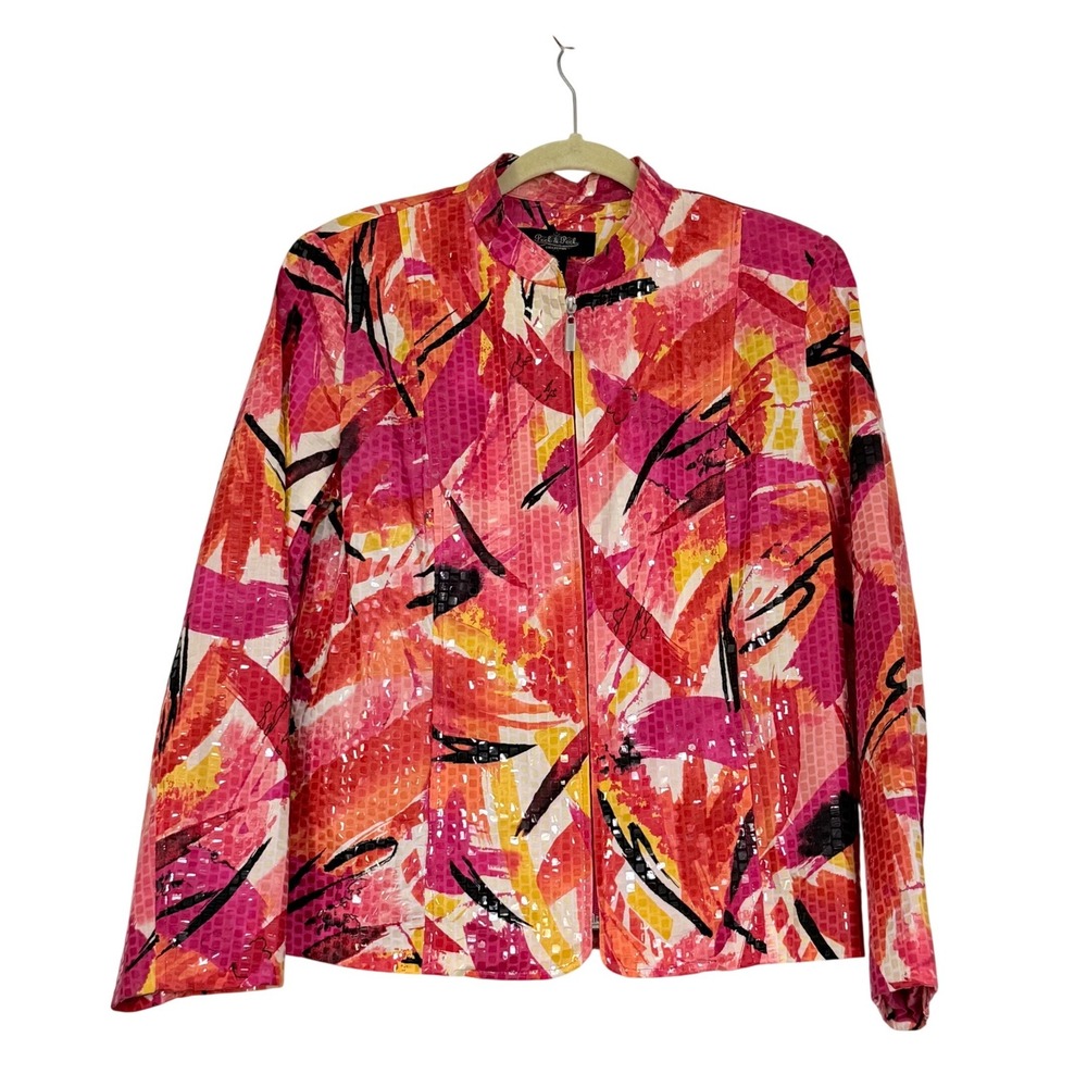 Peck & Peck Zip Up Jacket Womens Large‎ Pink Orange Abstract Textured Excellent